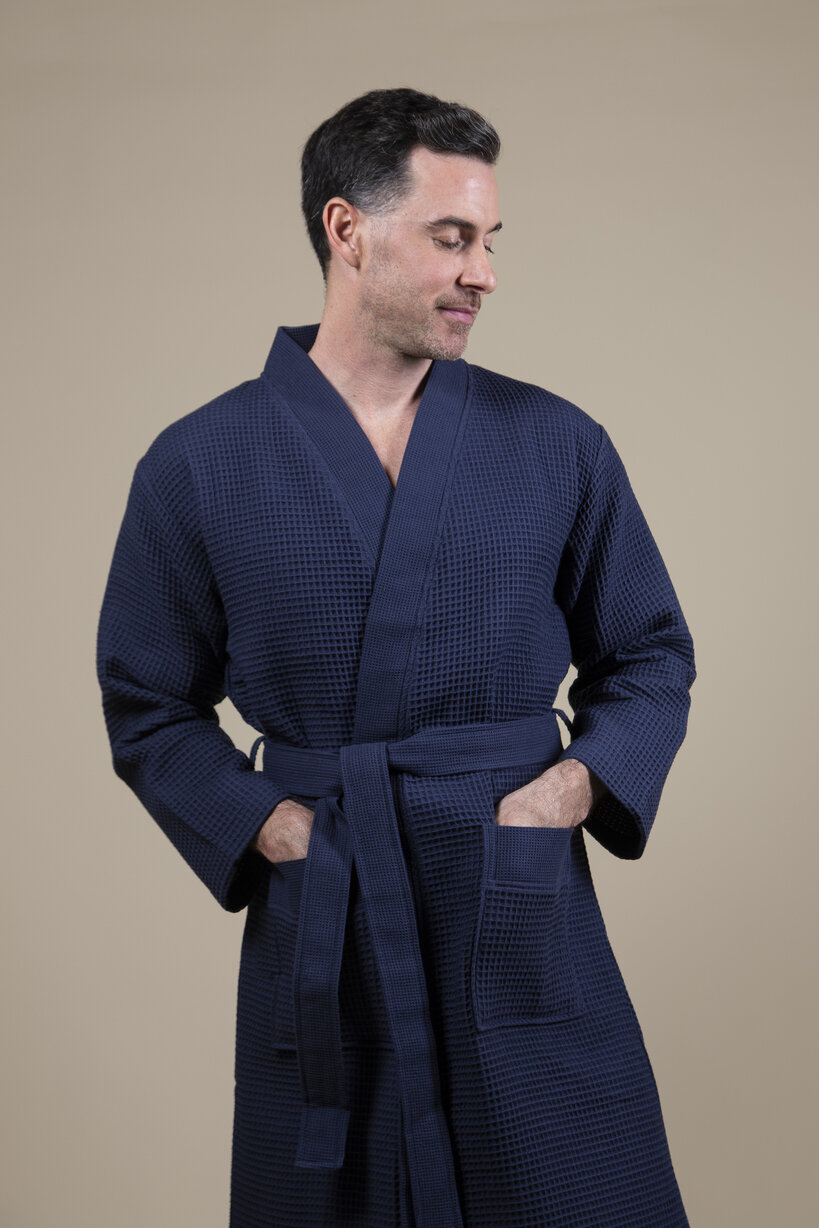 Cotton Waffle Bathrobe Dark Blue