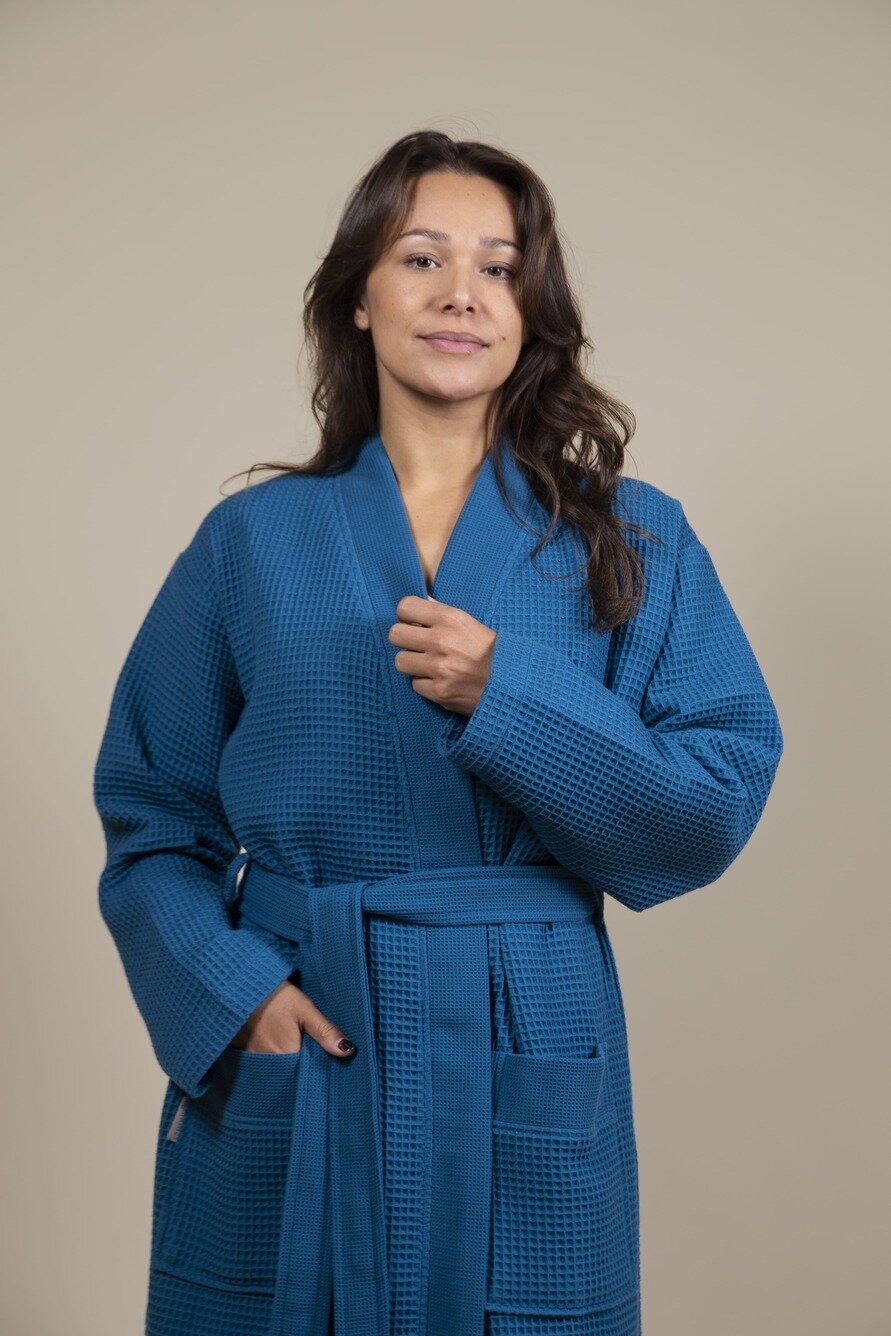 Cotton Waffle Bathrobe Azure Blue