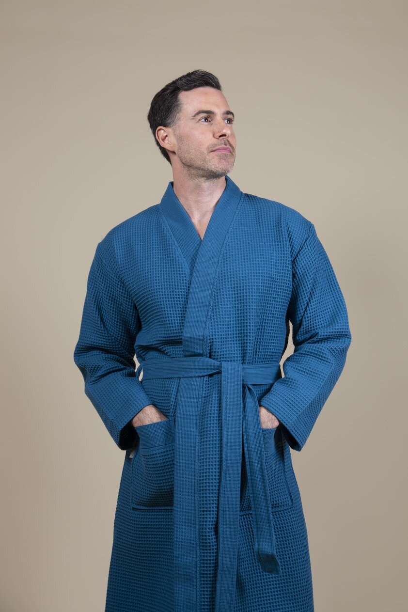 Cotton Waffle Bathrobe Azure Blue